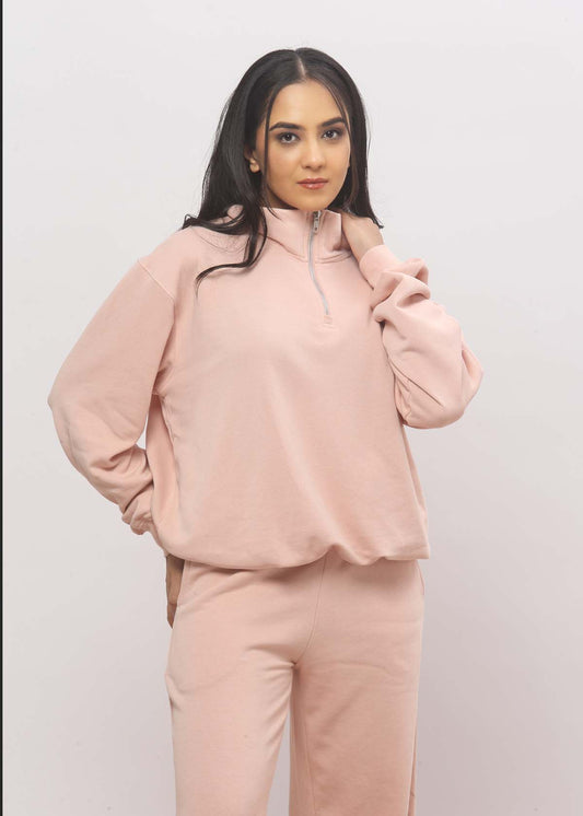 Baby Pink Half Zip Oversized Sweatshirt