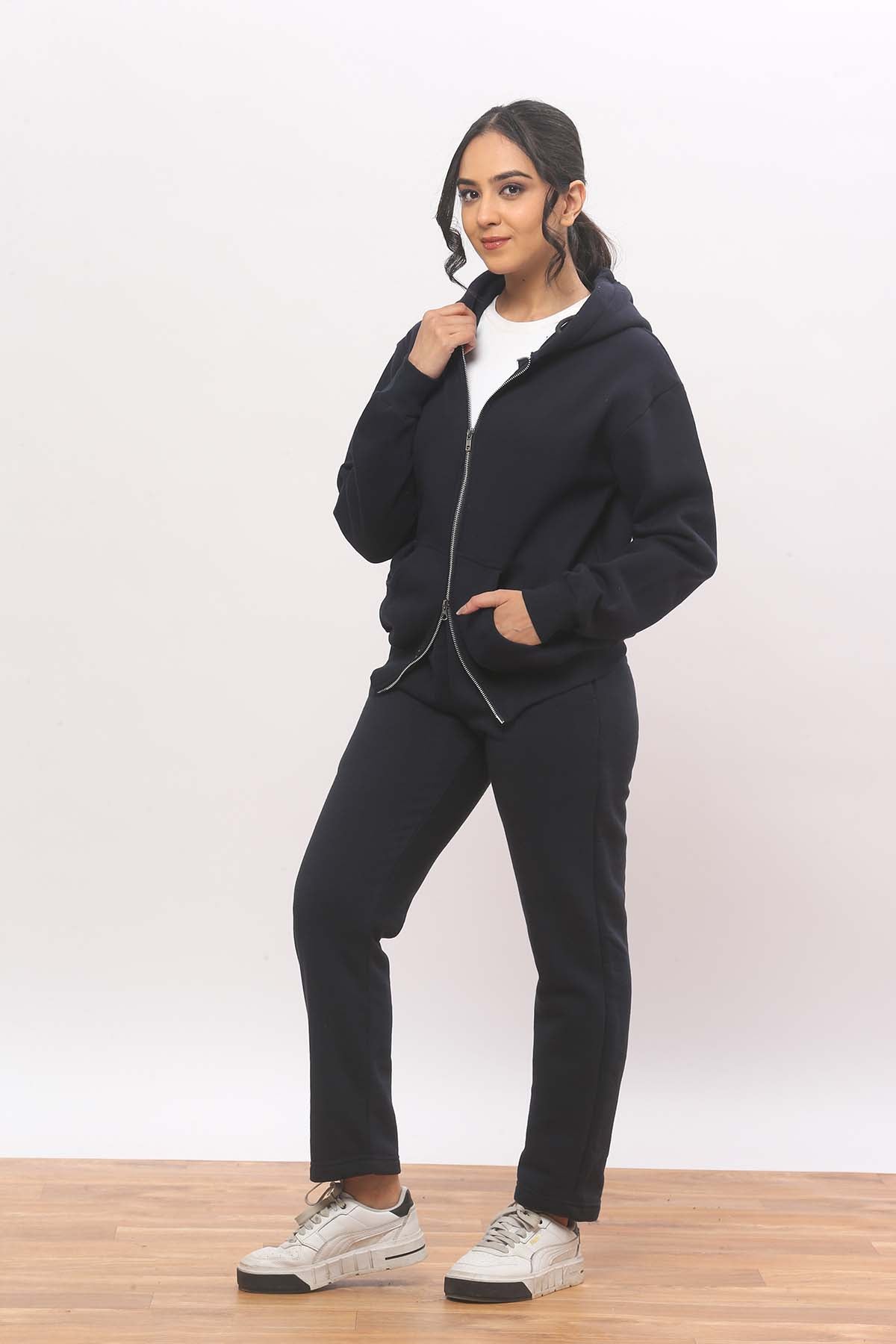 Double Zip Navy Blue Hoodie+ Straight Joggers Co-ord Set