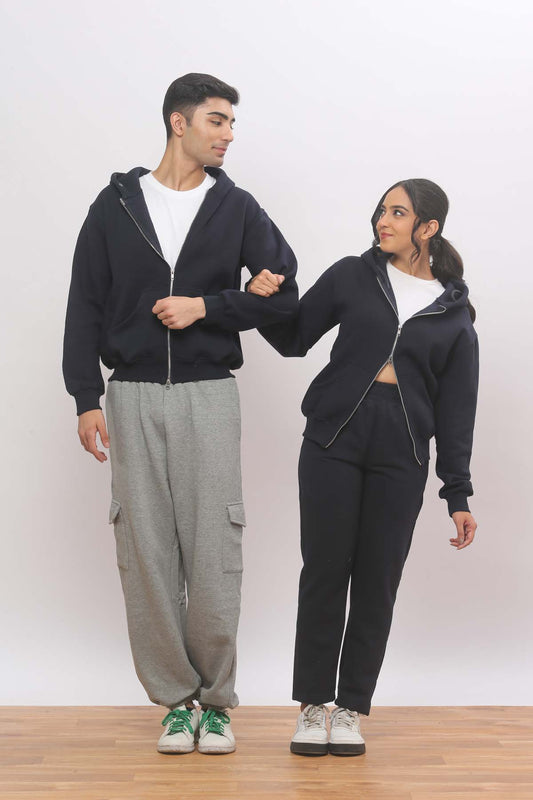 Double Zip Navy Blue Hoodie+ Straight Joggers Co-ord Set