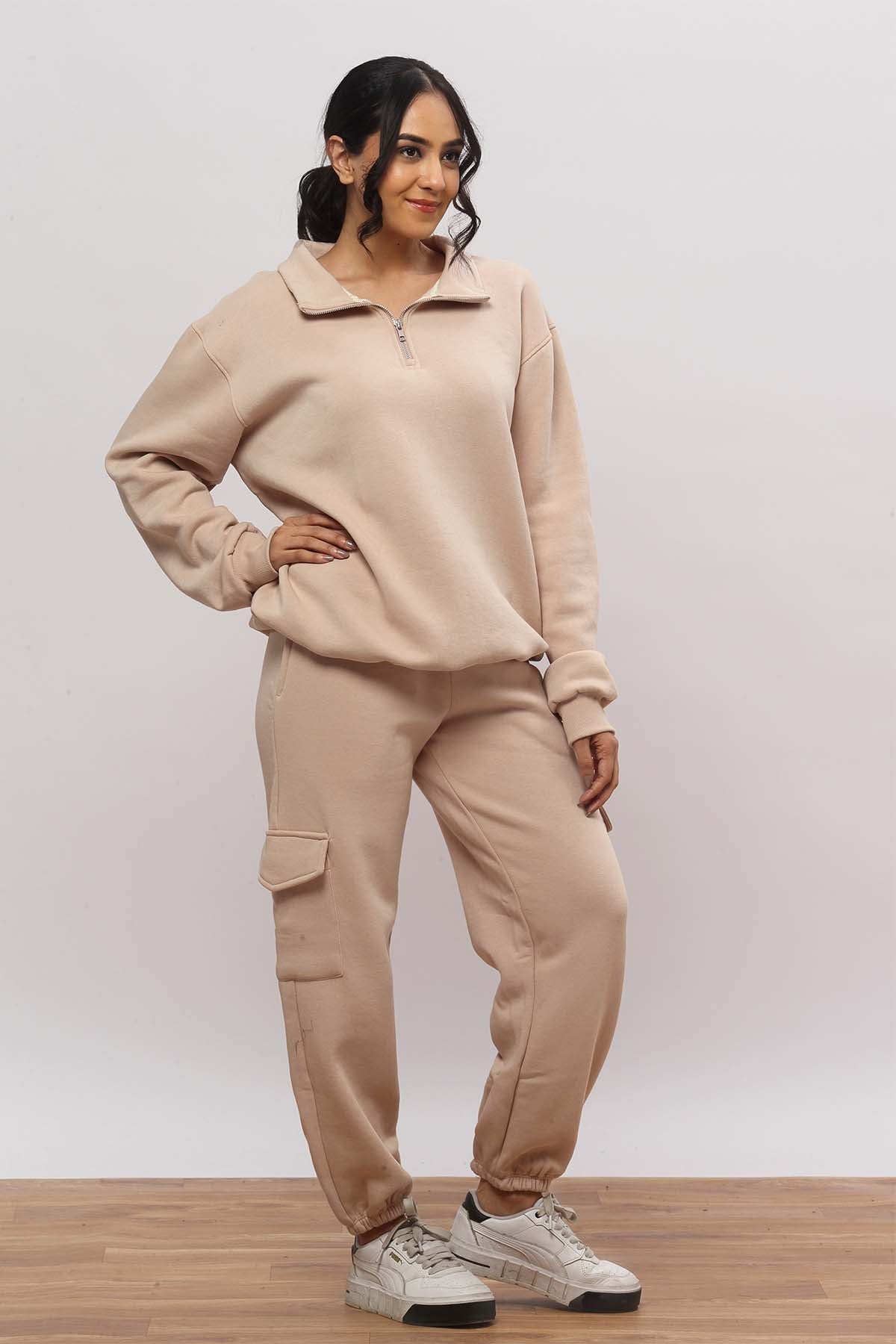 Beige Half Zip Oversized Sweatshirt