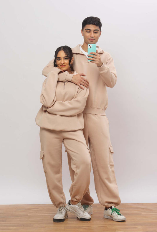 Beige Half Zip Sweatshirt+ Cargo Joggers Co-ord Set