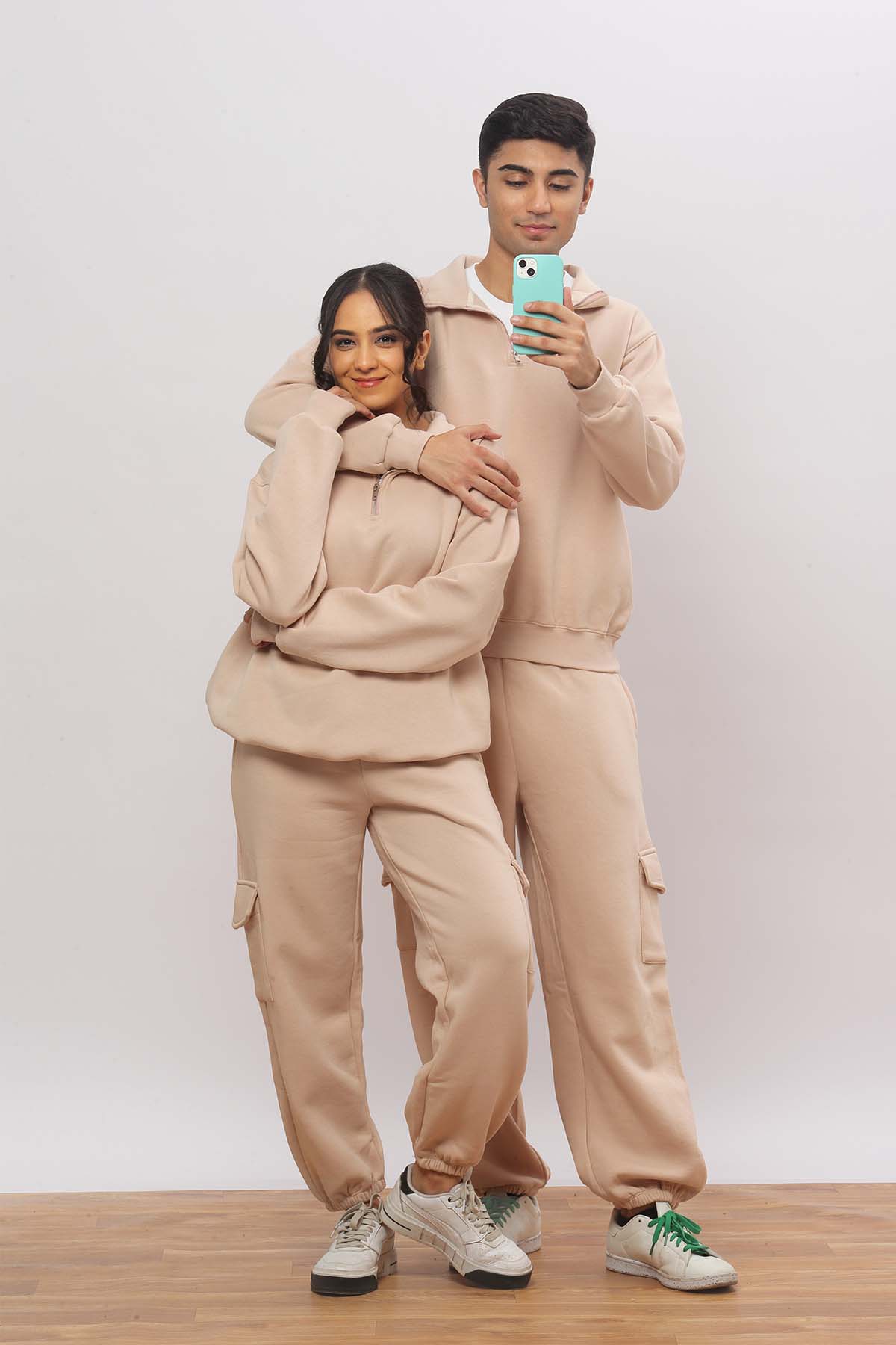 Beige Half Zip Sweatshirt+ Cargo Joggers Co-ord Set