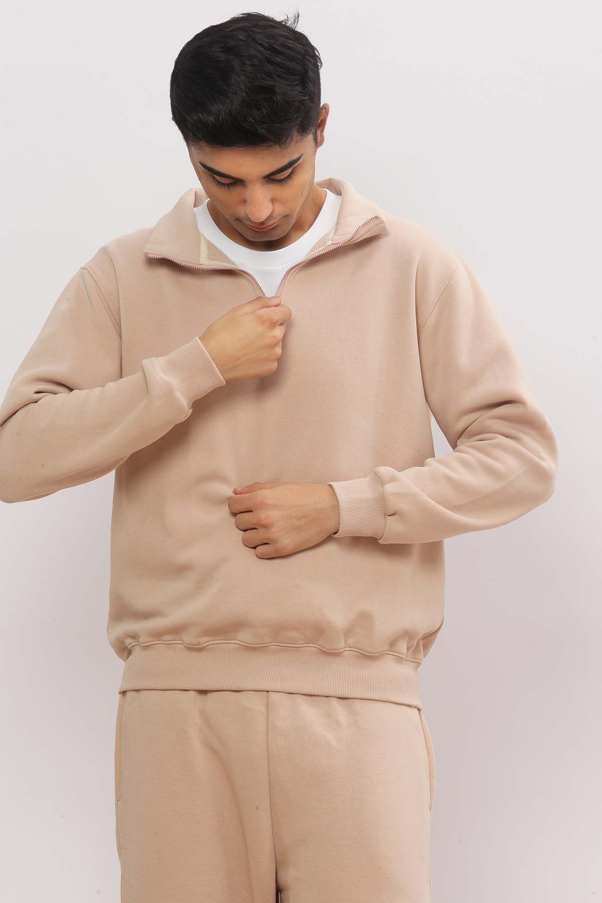 Beige Half Zip Oversized Sweatshirt