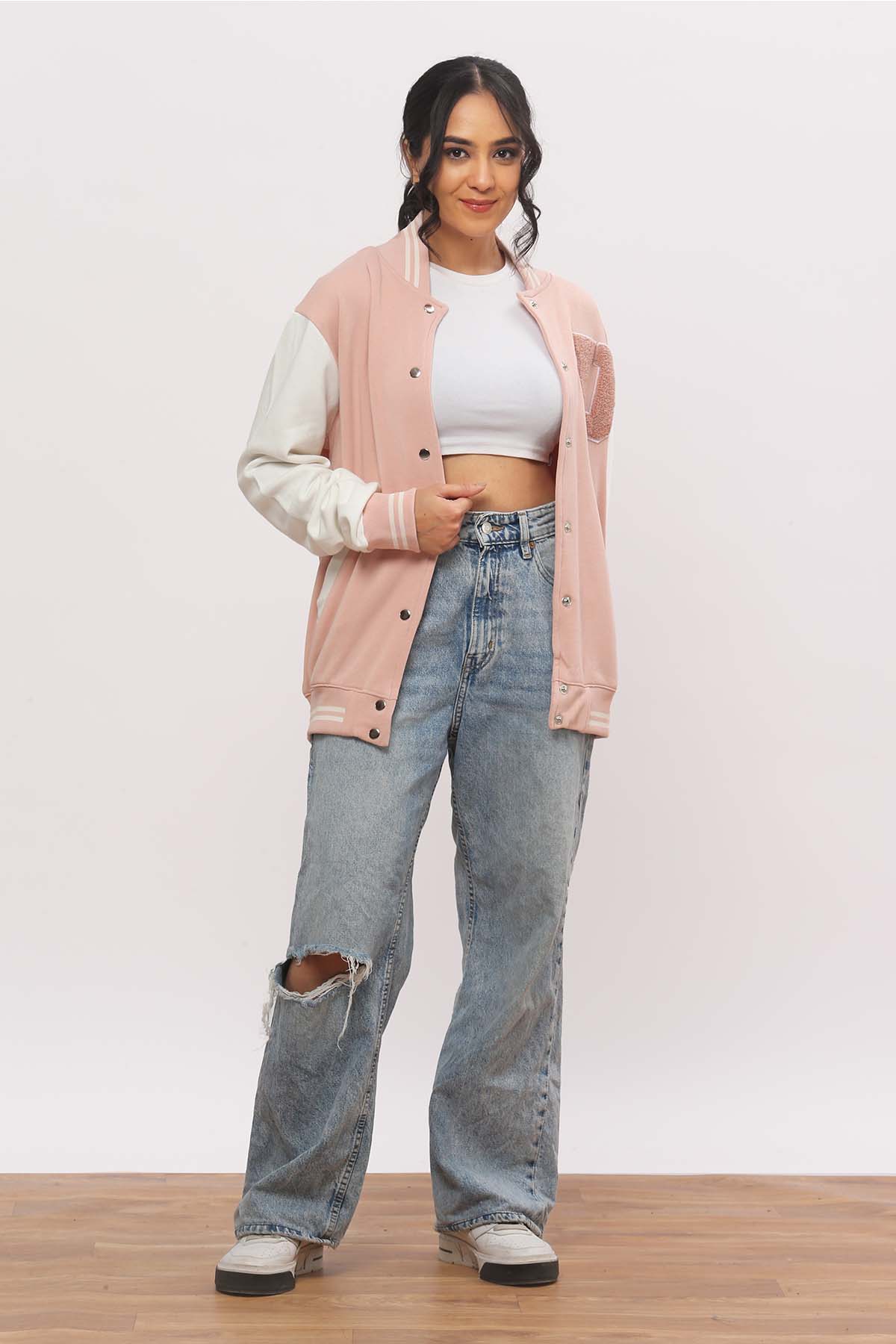 U Patch- Baby Pink Varsity Jacket