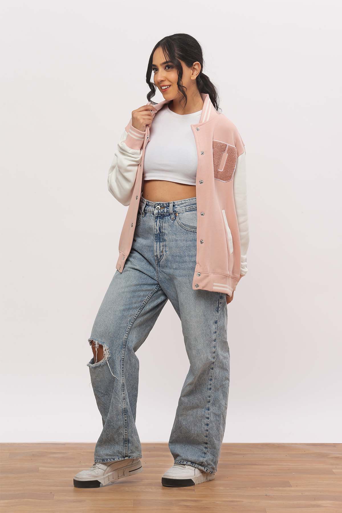 U Patch- Baby Pink Varsity Jacket