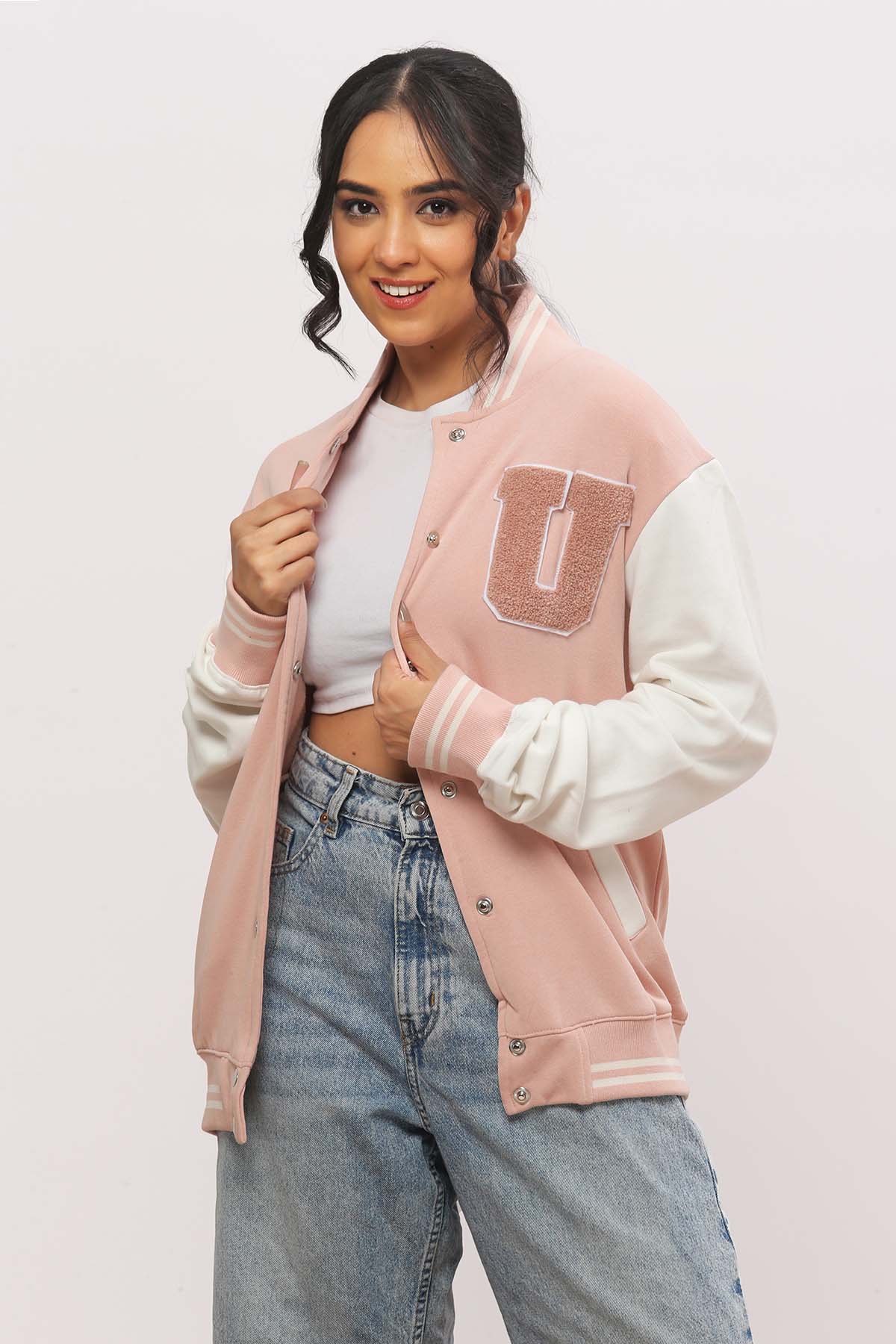 U Patch- Baby Pink Varsity Jacket