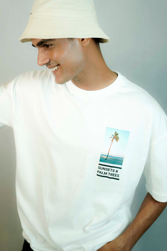 Sunset & Palm Trees Oversized T-shirt-white