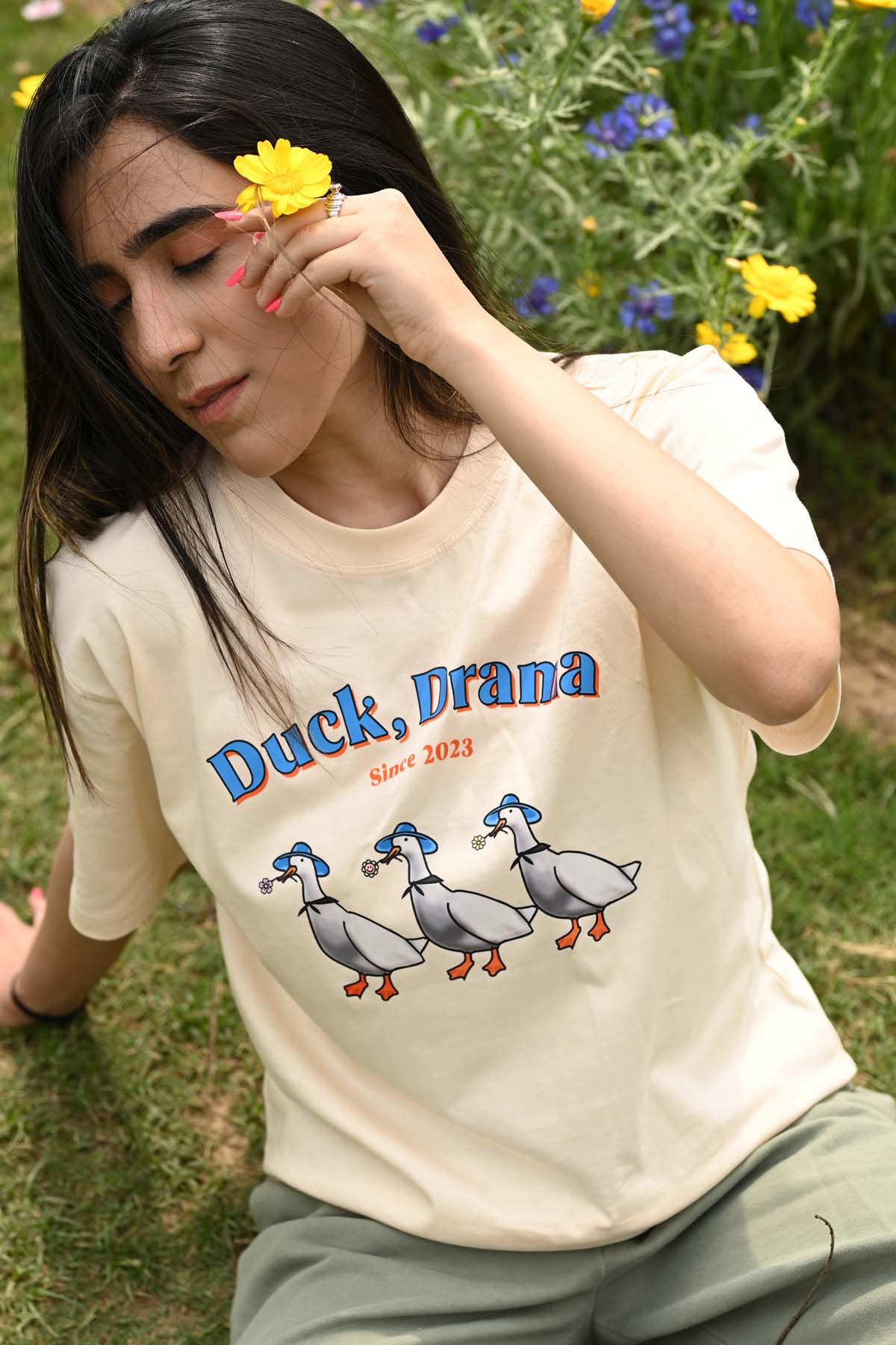 Duck Drama Oversized T-Shirt- Beige