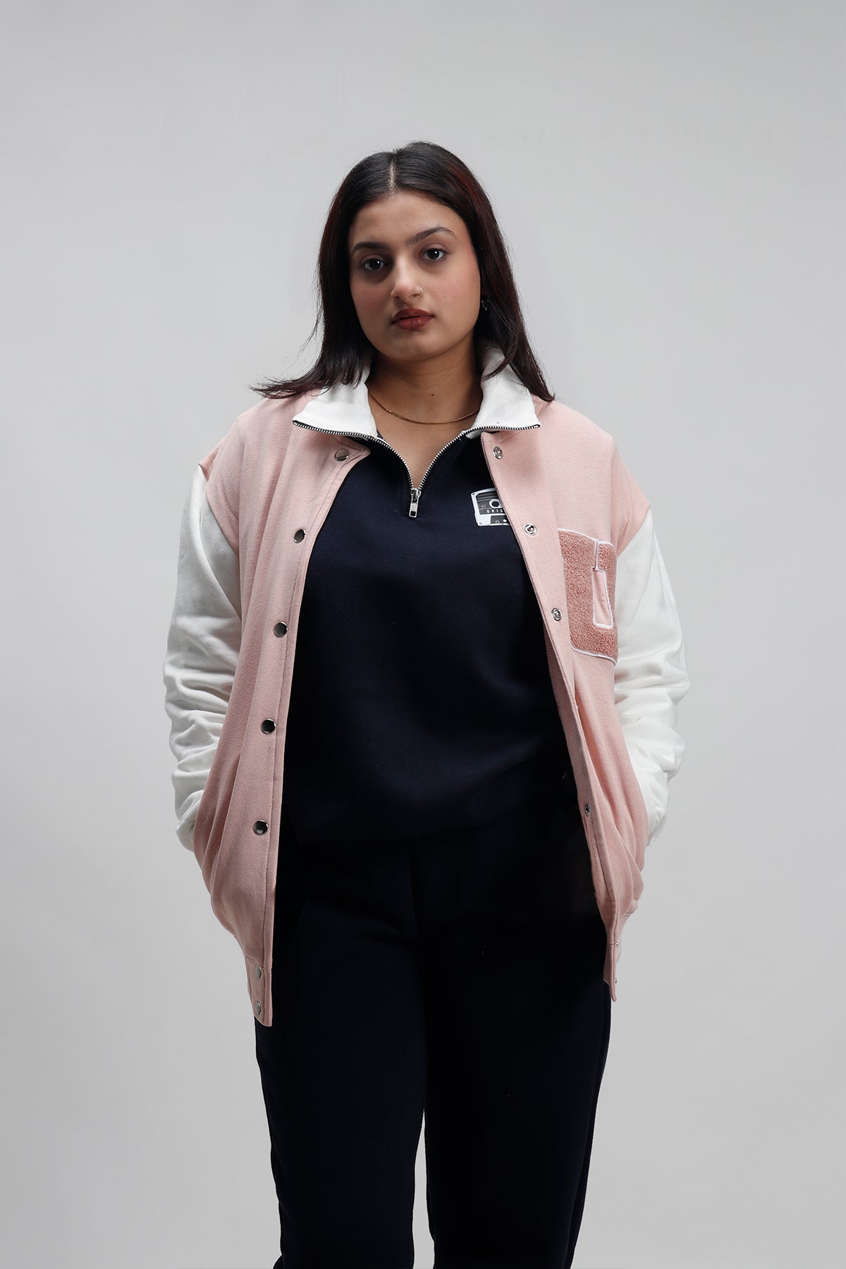 IZF Pink Color-Block Varsity Jacket