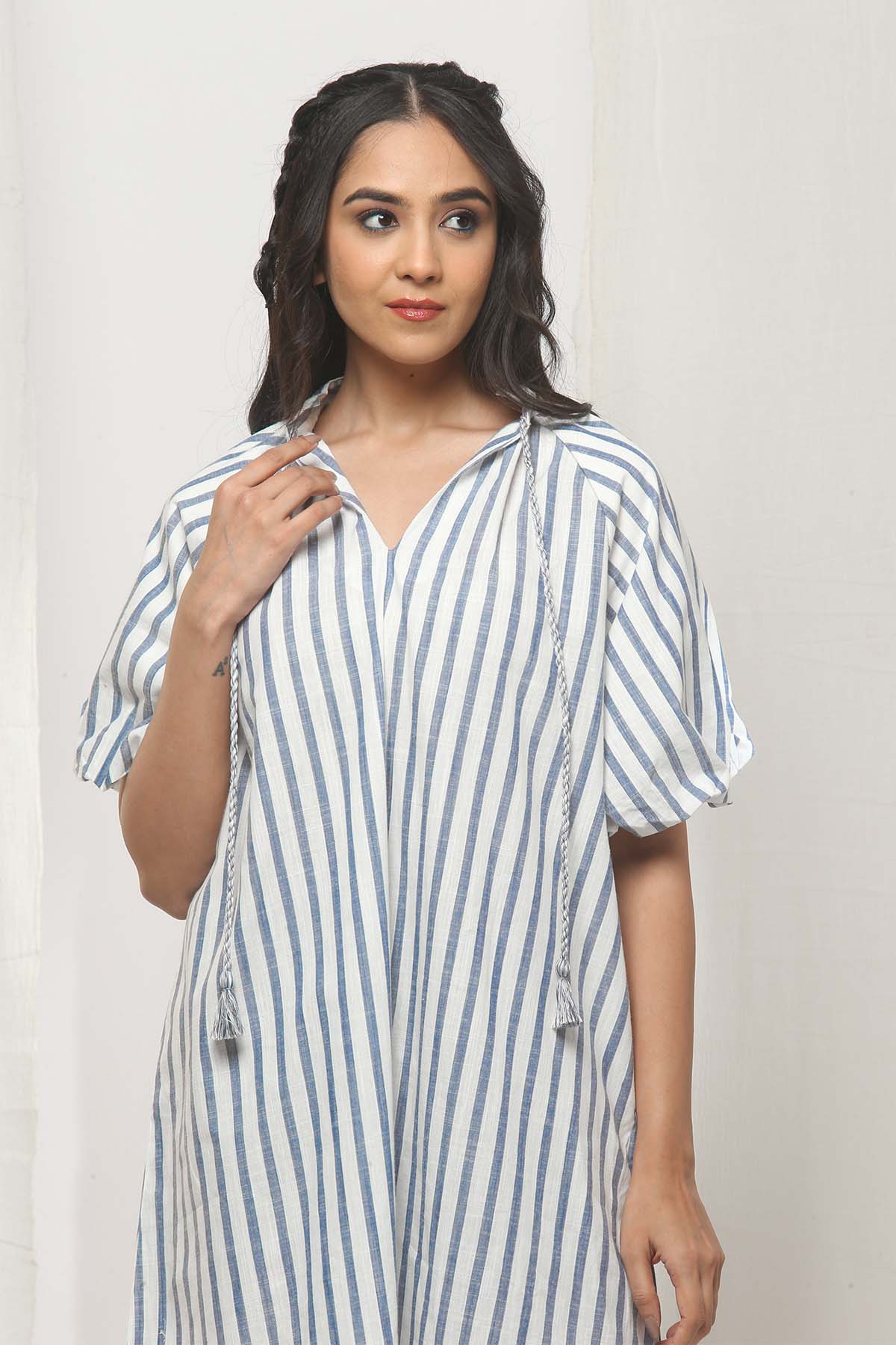Relaxed Puff Linen Dress- Blue