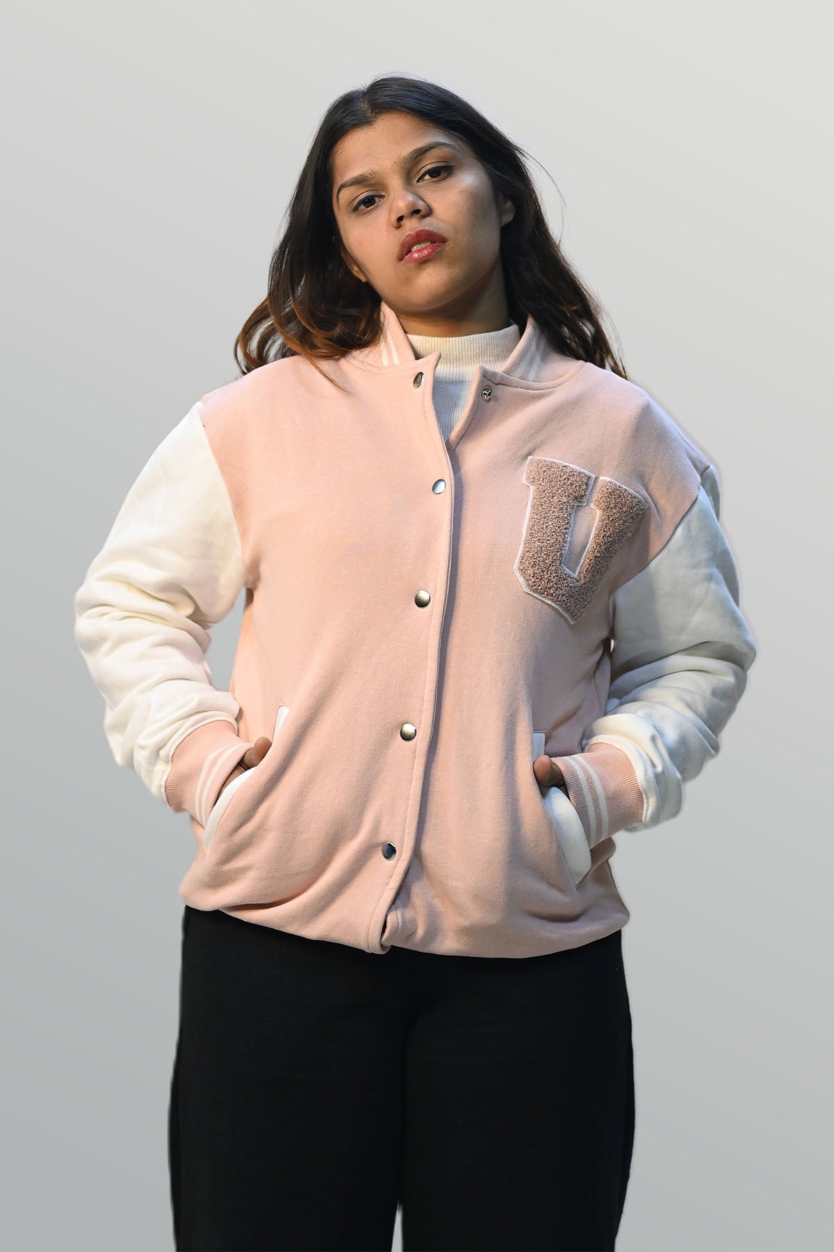 U Patch Baby Pink Varsity Jacket